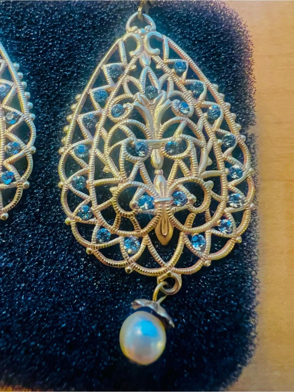 Gold Filigree Teardrop Earrings with Blue Accents and Pearl Drops